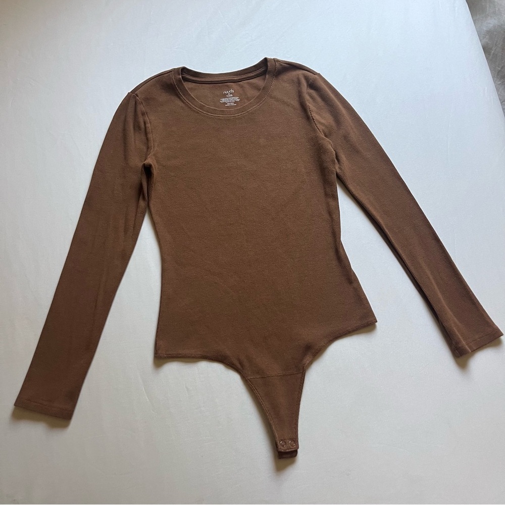 NUUDS brown‎ cotton spandex rib knit crew neck long sleeve bodysuit
